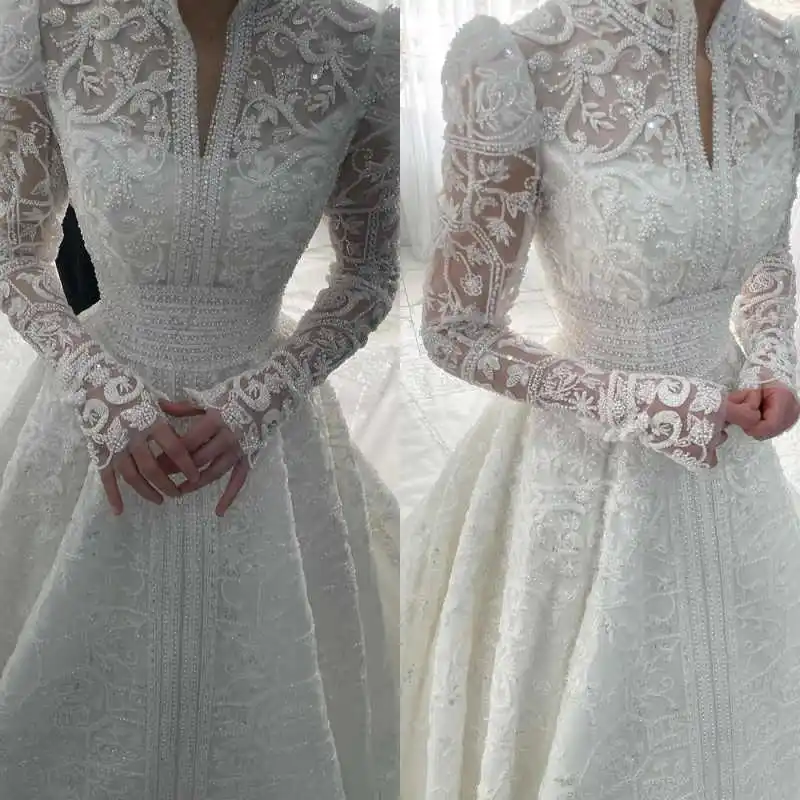 

Elegant Wedding Dresses High Neck Long Sleeve A Line Pearl Beading Appliques Bridal Gowns Customized Vestido de novia