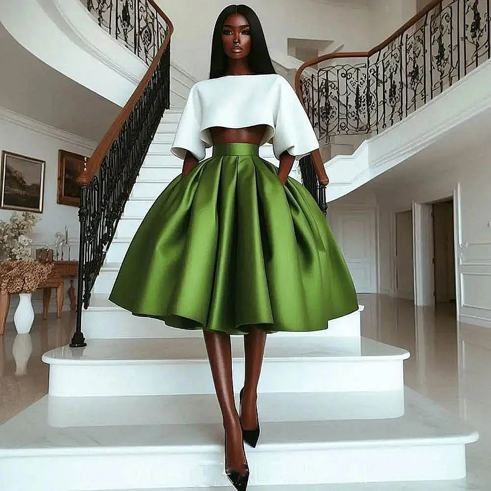 Zielona satynowa spódnica damska do kolan z plisami Spódnice wieczorowe z wysoką talią Długie spódnice Aso Ebi Black Girls Formalna spódnica urodzinowa
