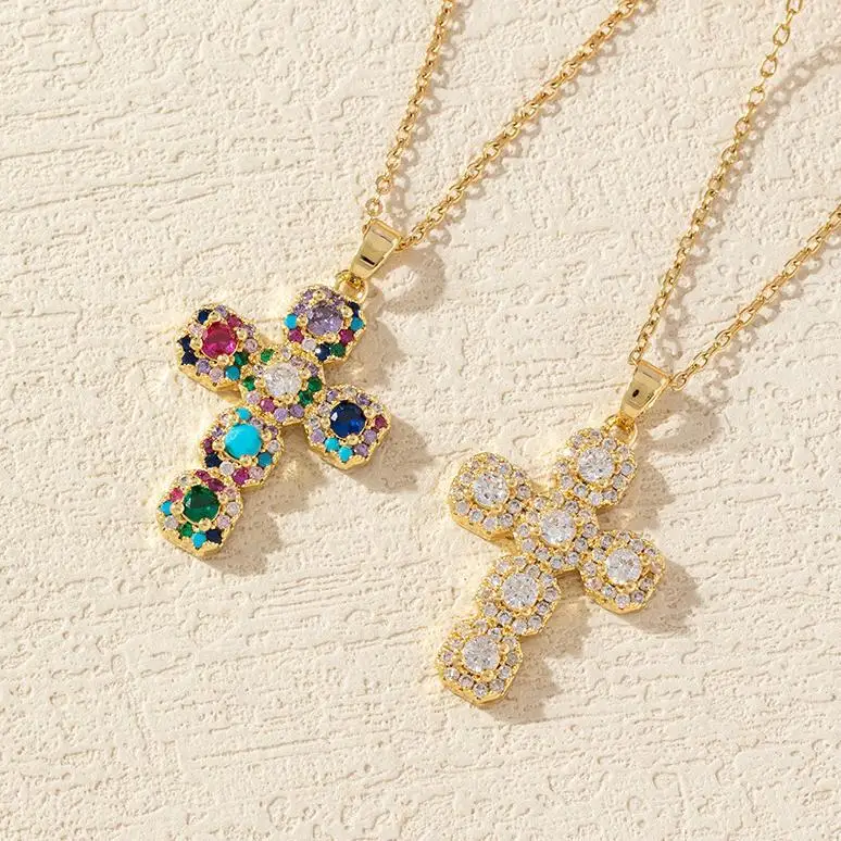 

Cross necklace copper gold-plated full diamond retro light luxury high-end titanium steel chain