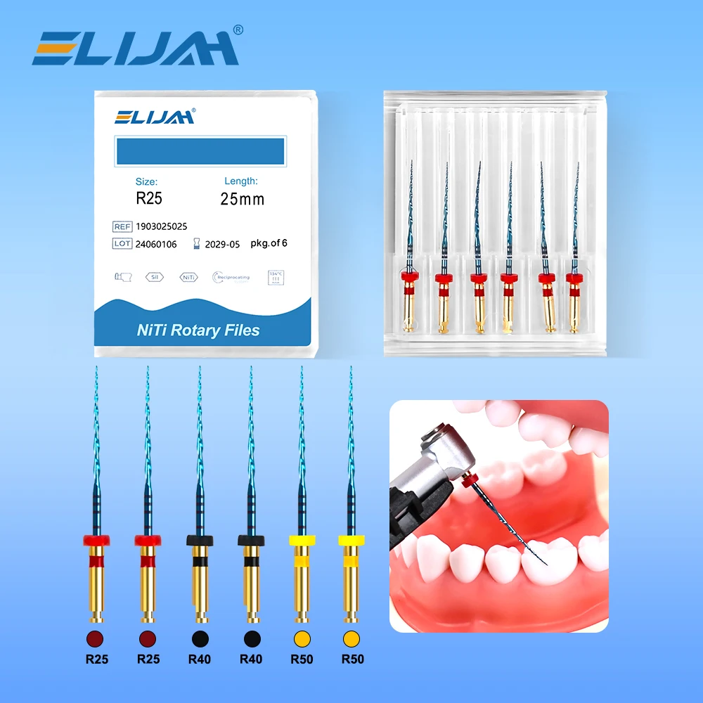 ELIJAH 6Pcs/Box Dental Reciprocating Blue Endodontic Files 21/25/31mm R25/40/50 Only One Engine Use Niti Rotary Root Canal File