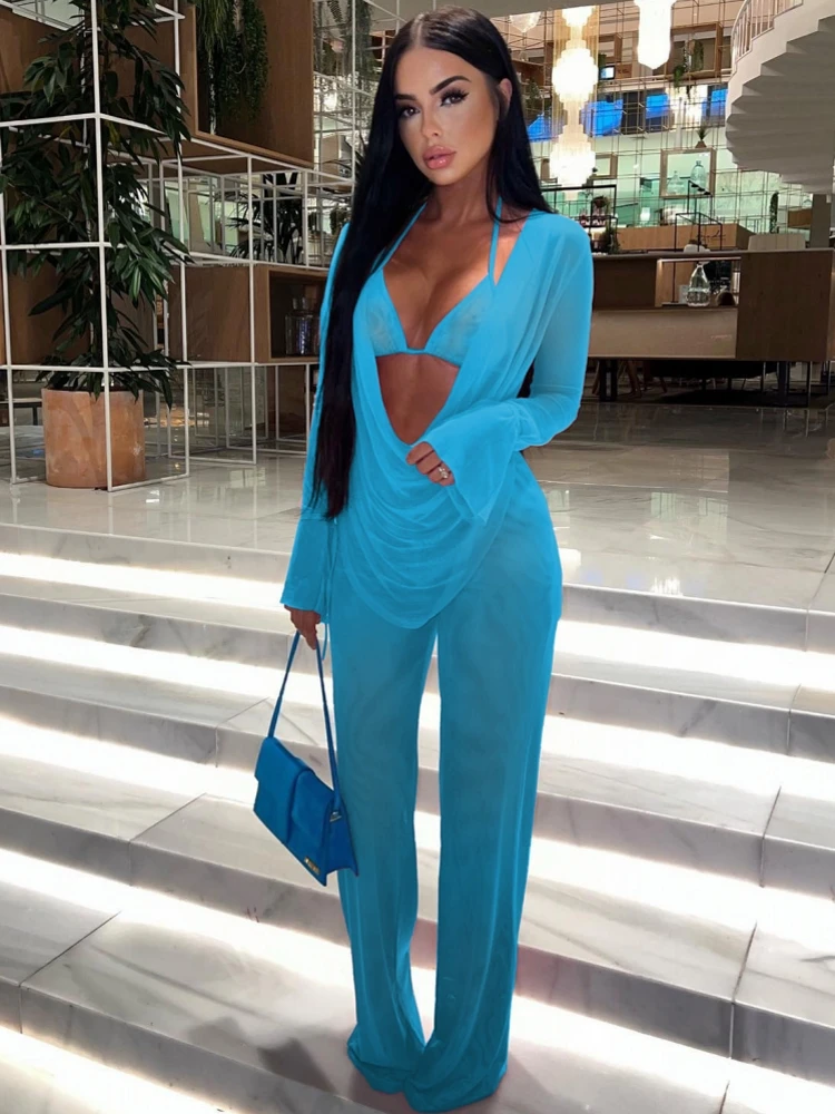 

Elegant Women 3 Piece Set Long Sleeve Tops Sexy Club Lace Up Bra Wide Leg Pants Fashion Office Lady Work Suit Uniforms 2022