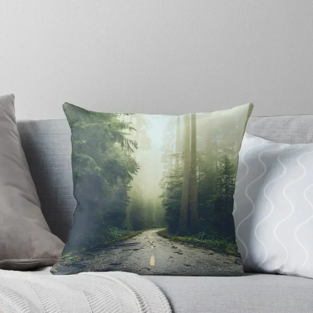 Green Forest Fog Road Wanderlust - California Redwoods Road Trip Throw Pillow Decorative Sofa Cushions pillows decor home pillow