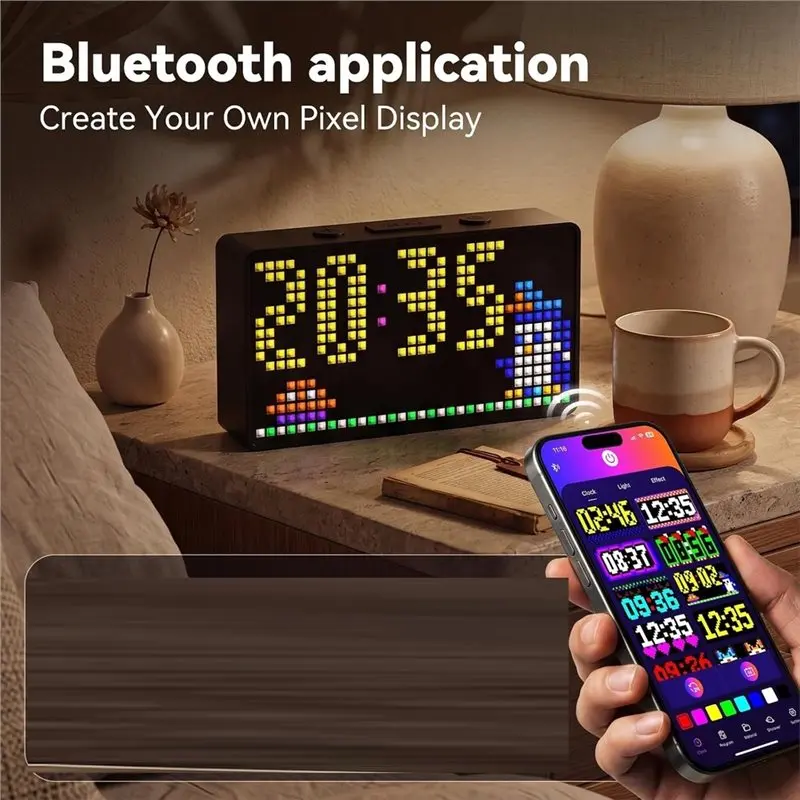 ABMR-Smart Pixel Clock,LED Display Alarm Clock,Application Control,Custom Text And Emoticon Materials,For Room,Countdown