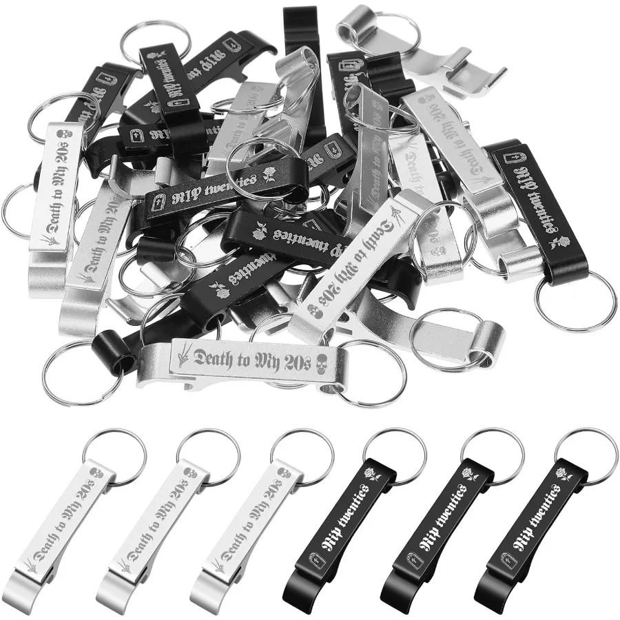 

Do 30 Pcs Death to My 20s Decorations 30th Birthday Party Supplies Gothic Black Silver Metal Bottle Opener Keychain Bulk Rip to