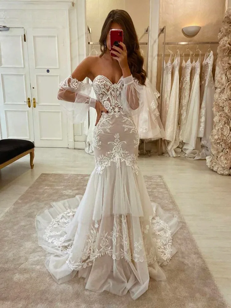 Princess  Sweetheart Mermaid Wedding Dresses Boho Appliques Long Sleeves Tiered Floor Length Lace Bridal Gowns Vestido De Novia