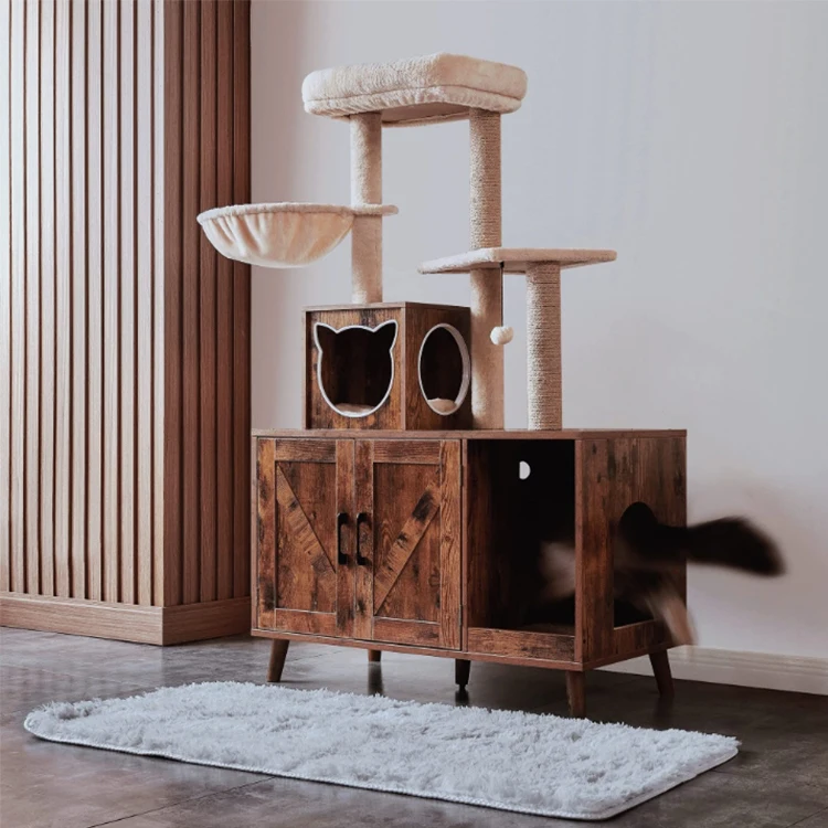 Indoor Pet Furniture Cabinet Multiple Platforms Wooden Cat Furniture Hidden Cat Washroom  Box Enclosure Cat Tree Tower