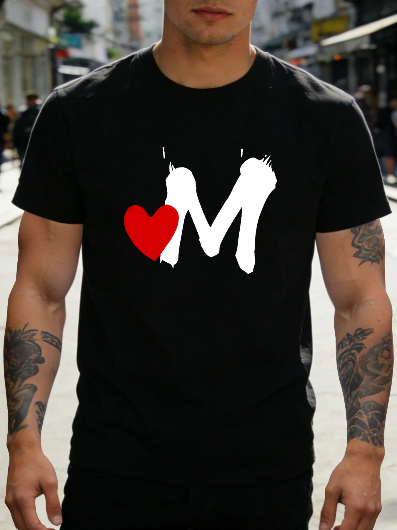 Men Soft Cotton Short Sleeve Crew Neck Tee Graffiti Letter M Red Heart Street Art Print Gift For Men Casual Summer Daily Top