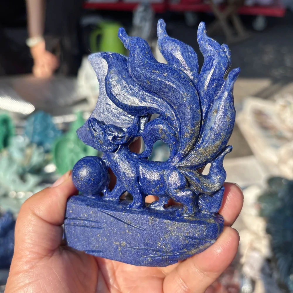 Natural Lapis Lazuli Carved Nine Tailed Fox Figurine With Sphere Gemstone Crystal Statue Home Decor Reiki Ornament Wholesale