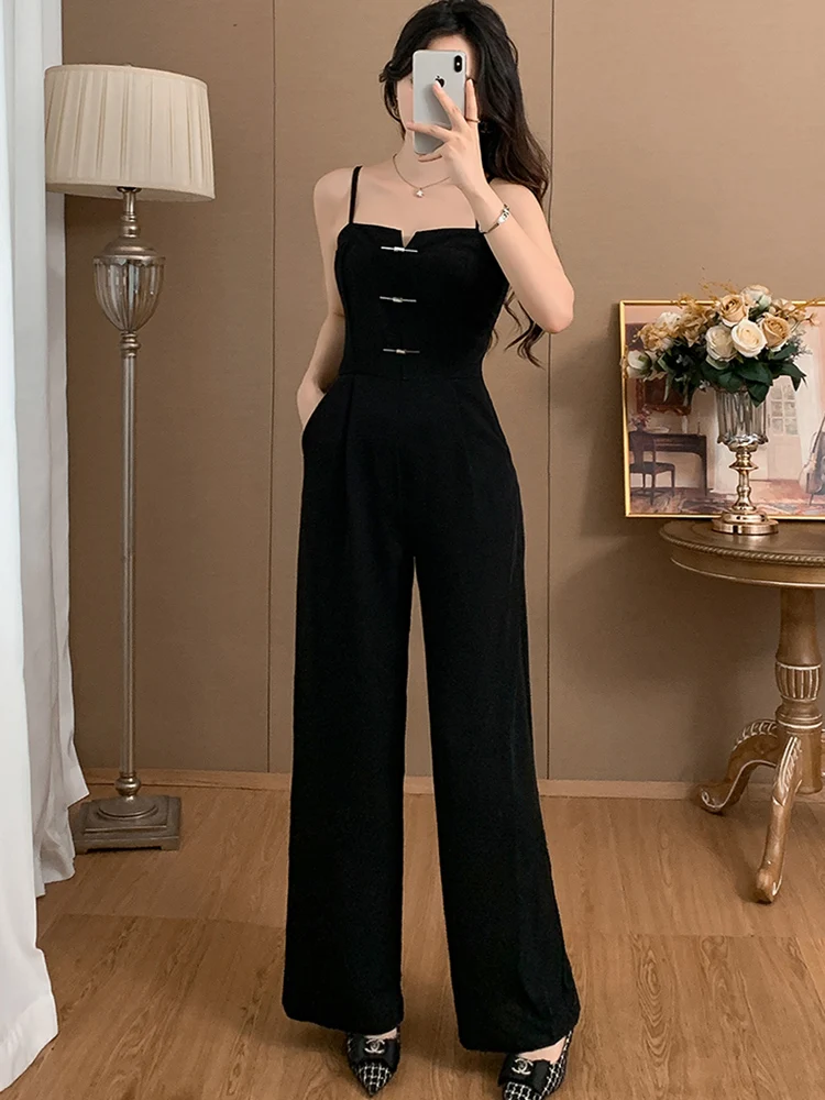 2024 New Summer For Women Fashion Design Sexy Black Sling Jumpsuits Ladies Elegant Office OL High Waist Wide Leg Rompers