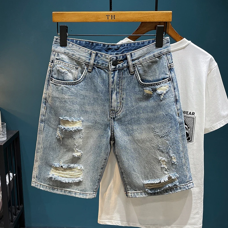 Brand Clothing Summer Men's Vintage Washed Ripped Denim Shorts Lightweight Straight Knee Length Casual Fashion Shorts Male