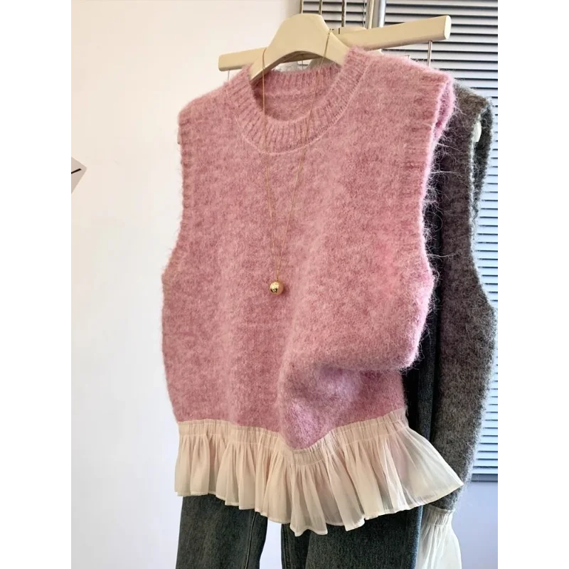 Round Neck All Match Elegant Sleeveless Knitted Vest Women's Spring And Autumn Lace Patchwork Design Short Casual Top