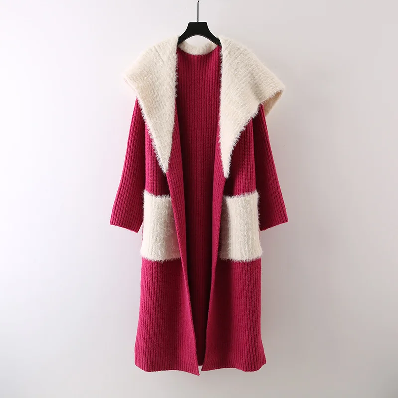 Greenora Winter Mink Velvet Patchwork Long Cardigan Coat Women Knee Length Loose Fit Trench Style Sweater Jacket Cozy Casual Out
