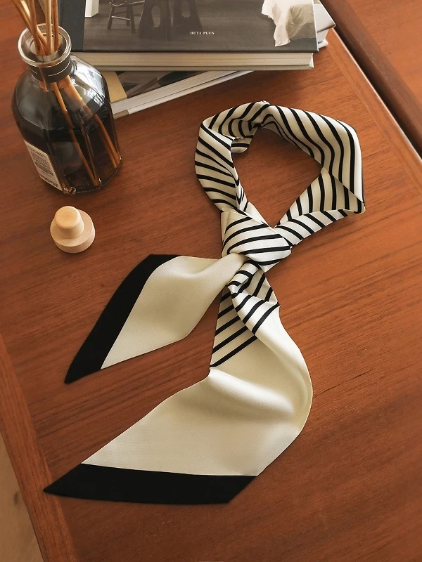 

April 9th Large Size Silk Scarf Hair Accessory Classic Black White Stripes Summer Heavyweight Diagonal Pattern French Style
