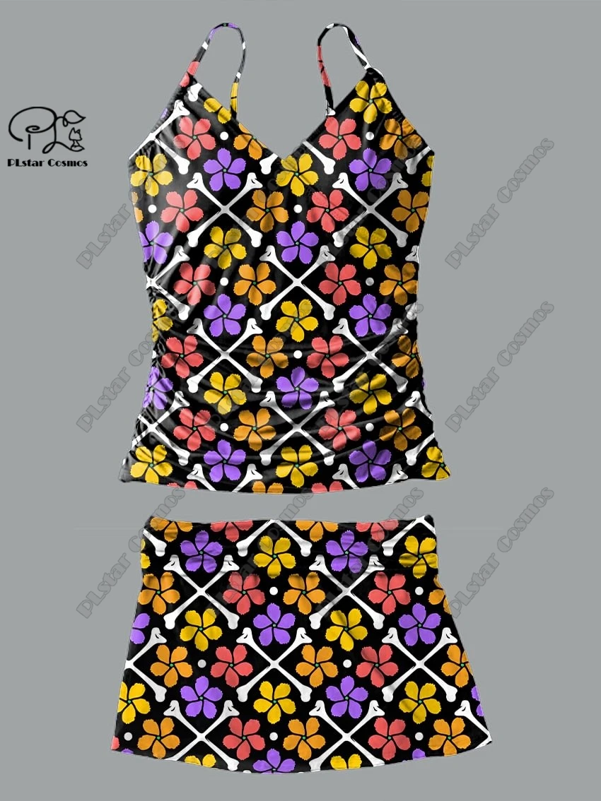 Maiô de duas peças com estampa floral decote em v feminino, saia suspensor, terno estilo feriado, pequeno verão fresco, novo, Q-25