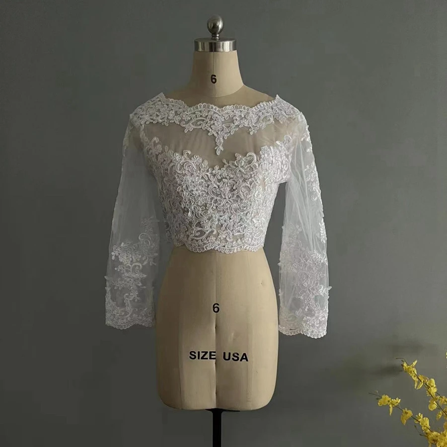 New Arrival Lace Appliques Shares of Women's Long Sleeve White Lace Shoulders Cropped Bolero Wedding Jacket 2025 Bridal Wraps