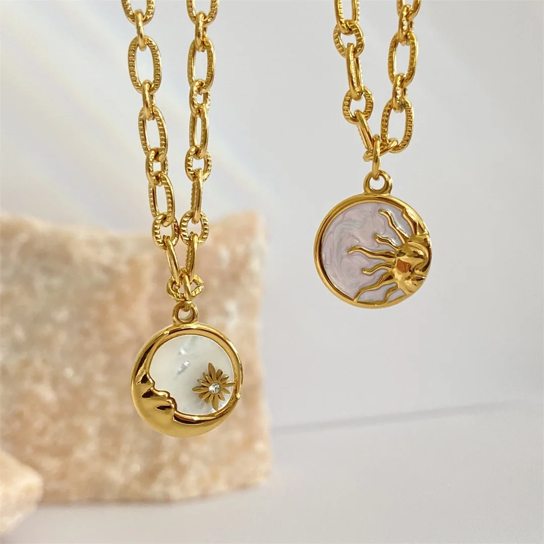 

Vintage White Shell with Stainless Steel Round Coin Moon and Sun Pendant Necklace for Women Gold Plated Chain Necklaces Jewelry