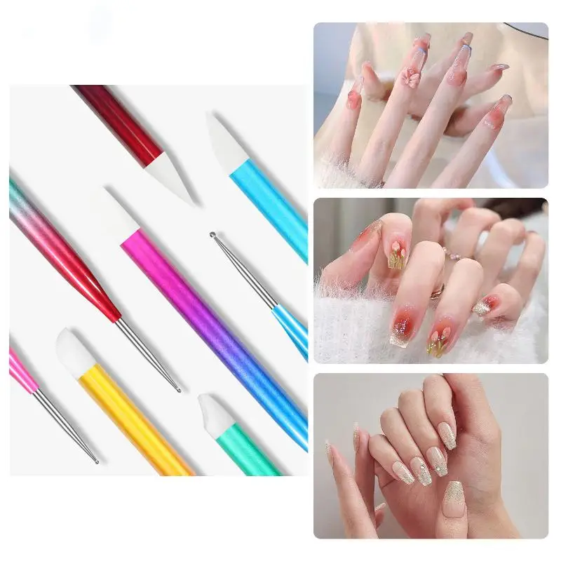 5Pcs Professional Nail Art Silicone Embossing Brush Dual-Head UV Gel Dotting Painting Pen Manicure Clay Sculpting Drawing Tools