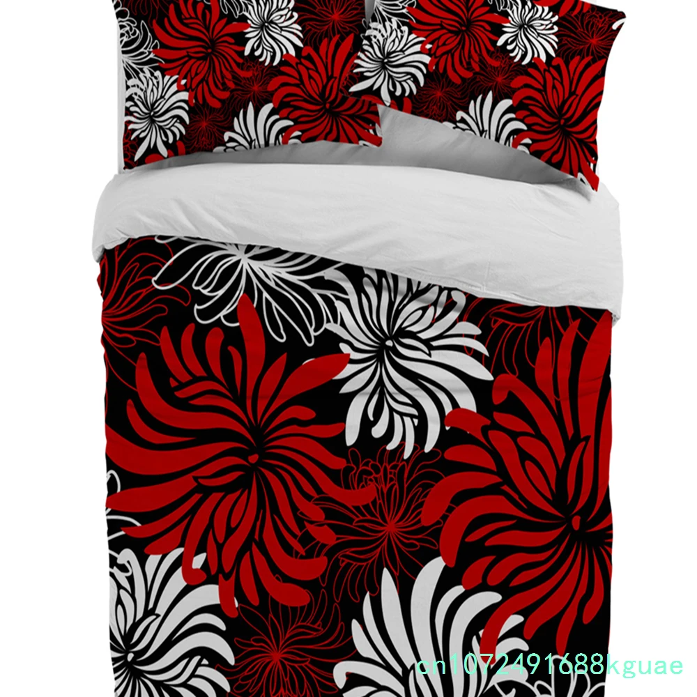 Red Black White Flower Chrysanthemum Duvet Cover With Pillow Case Custom 3pcs Bedding Set Quilt Cover Double Bed Home Textile