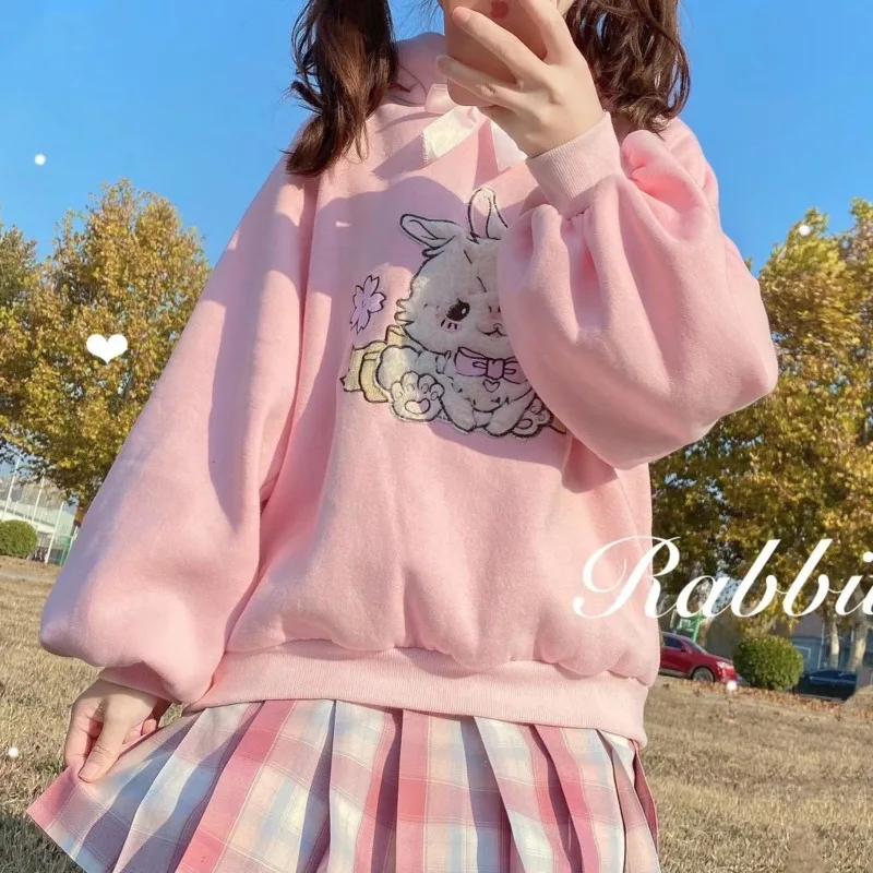 Autunno Cartoon Cute Japanese Lolita Girls Pink Hoodies Kawaii Sakura Rabbit Furry ricamo felpa Harajuku Pullover Tops