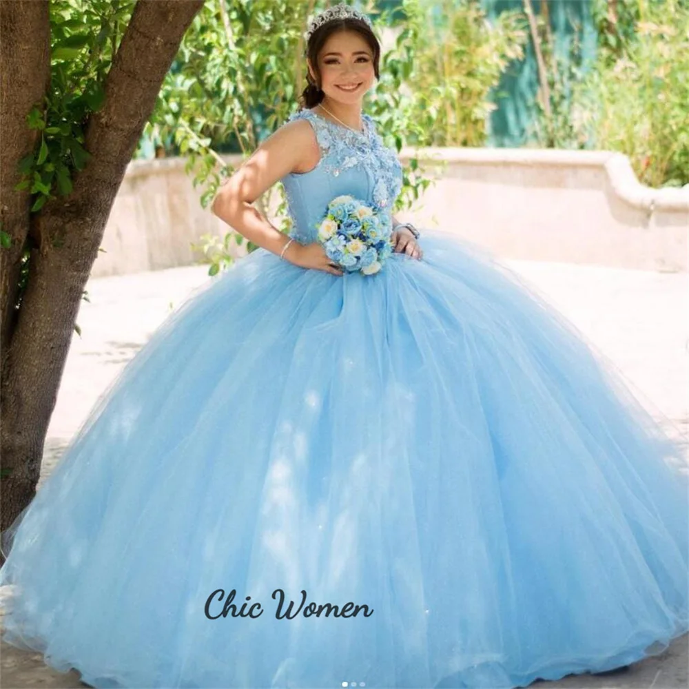 Fee Baby Blauwe Quinceanera Jurken 2023 Vijftien Verjaardagsfeestjurken Mouwloos Korset Sweet 16 Dress Classic Vestidos De Xv