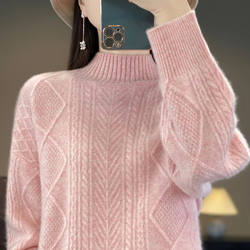 Suéter de cachemira pura para mujer, jersey de cuello medio alto, Lozenge Top, Commuter, Base de punto de lana ajustada, Otoño e Invierno