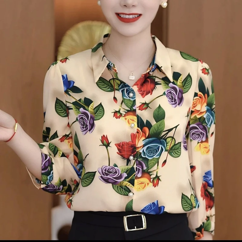 Spring Autumn Long Sleeve Button Up Cardigan Women\'s Clothing Turn-down Collar Casual Plant&Flowers Printing Shirt Elegant Tops