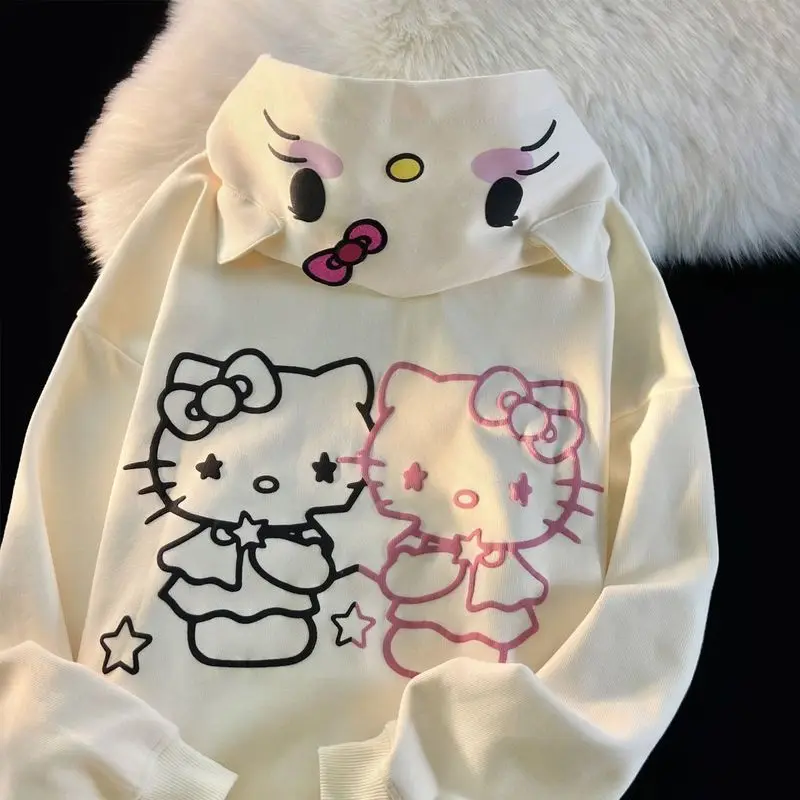 2023 Sanrio Kawaii Hello Kitty New Cute Cartoon Hoodie Sweater Women Autumn Winter Loose Student Cardigan Jacket Birthday Gift