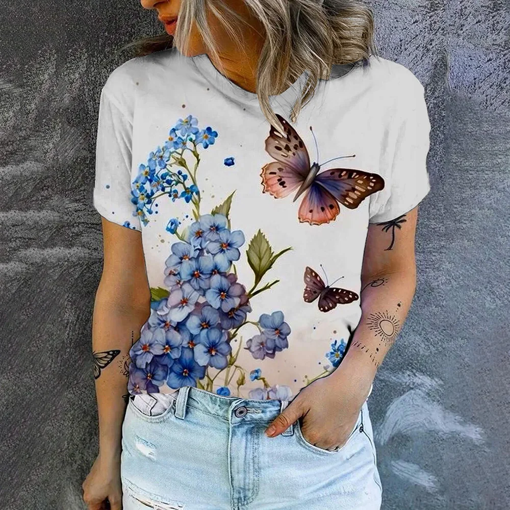 Women\'s Round Neck T-Shirt 2024 Popular T-Shirt Fashion Butterfly Pattern Print Women\'s Elegant Leisure Short Sleeve T-Shirt