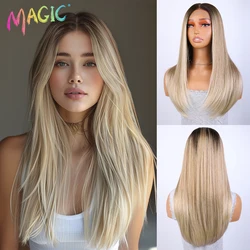 Magic Synthetic Lace Front Wigs For Women Straight 22 Inche Bob Lace Wig Ombre Brown Blonde White Lace Wig Glueless Cosplay Wig