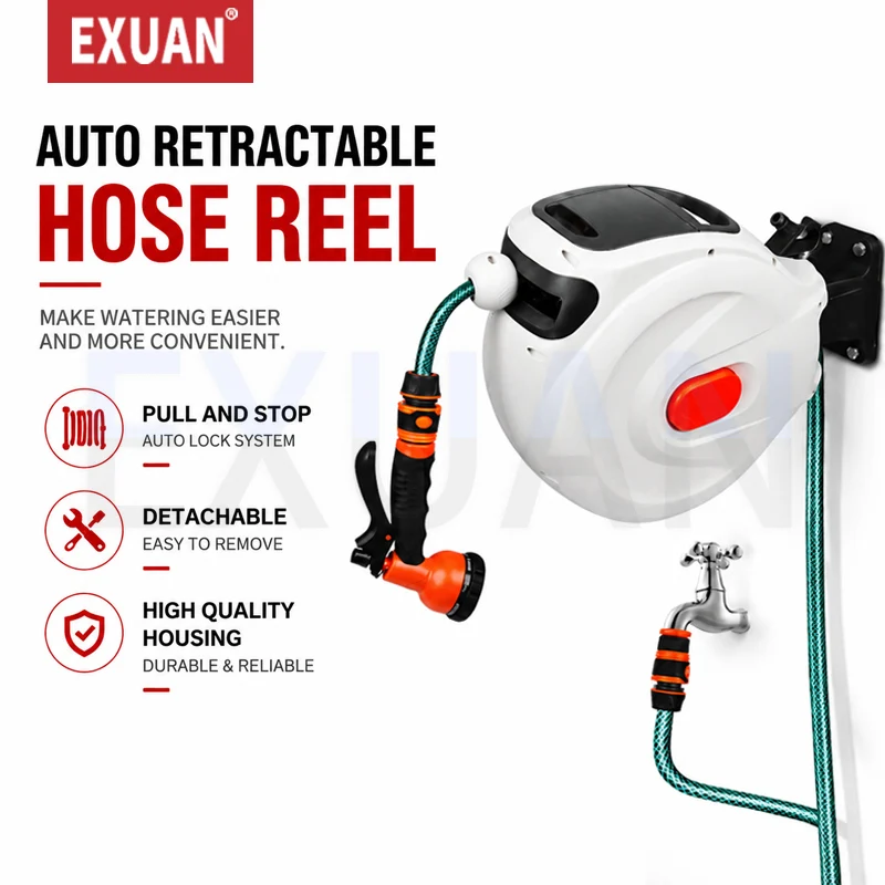 10M/20M/30M Automatic Rewind Hose Reel Wall Mounted Water Hose Reel With Durable Hose Nozzle Slow Return System For Car Washing