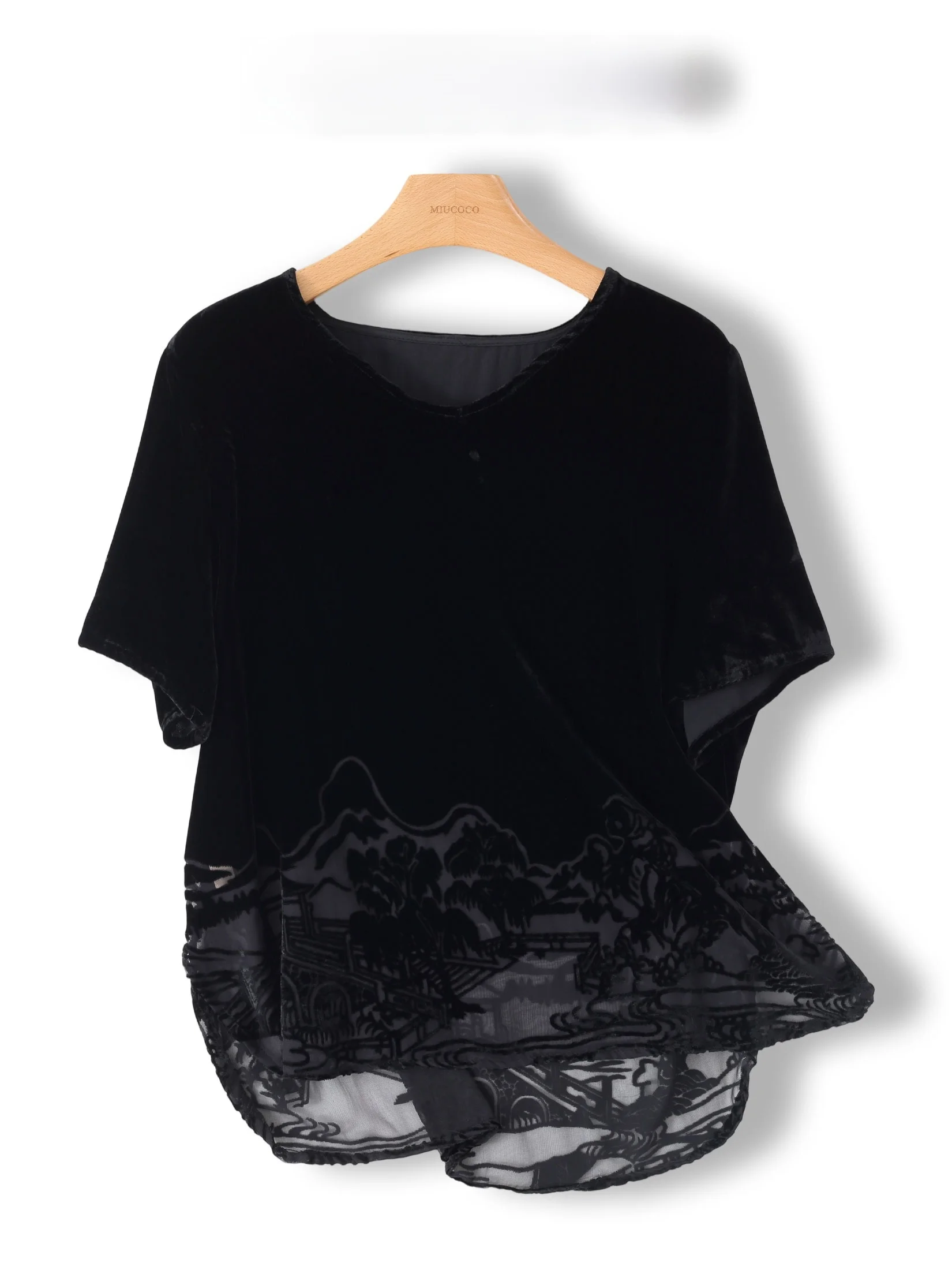 

Женский топ в стиле ретро из бархата с вставками, простой, но элегантный, с вышивкой в виде обожженных цветов, сетчатыми вставками и элементами из натурального шелкового бархата, модная женская одежда