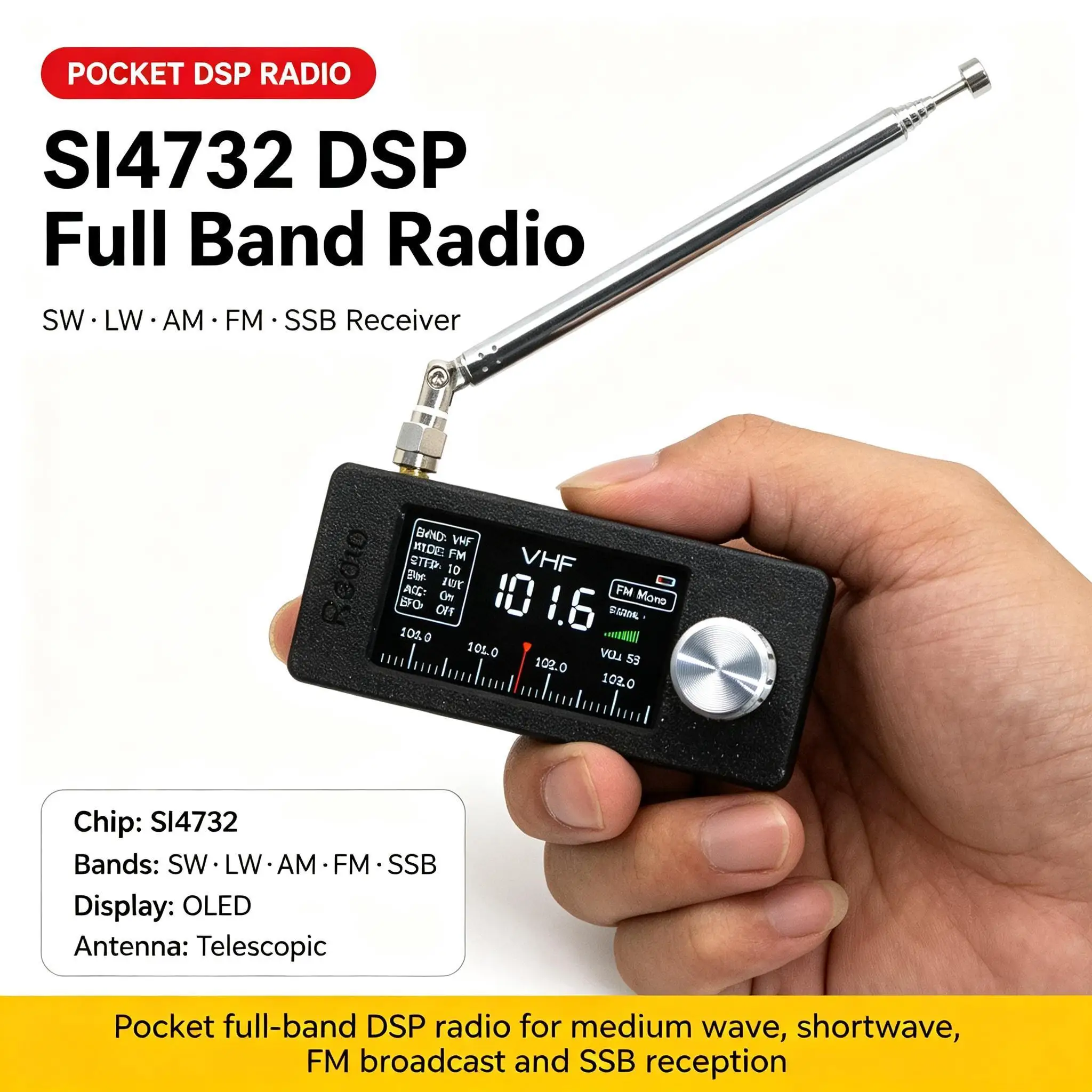 DYKB Full Band Radio Receiver SI4732 DSP SW LW AM FM SSB Shortwave Medium Wave Pocket Portable Broadcast Playback Antenna Tuner