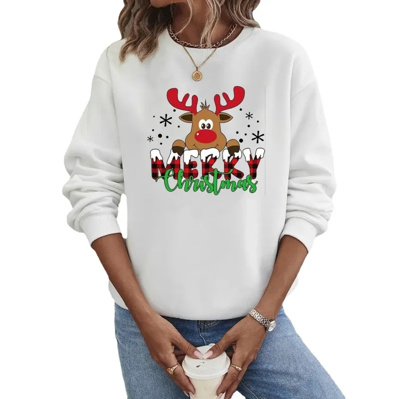 Crew-neck Hoodie European and American New Christmas Deer Letter Print Aesthetic Sweatshirts  Streetwear Women  Clothes