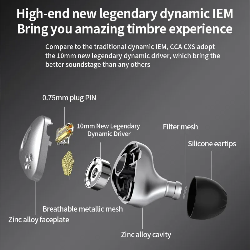 CCA CXS in-ear monitorhoofdtelefoon 10 mm dynamische driver IEM-oortelefoon, bedrade geluidsisolerende oordopjes met 2-pins afneembaar snoer