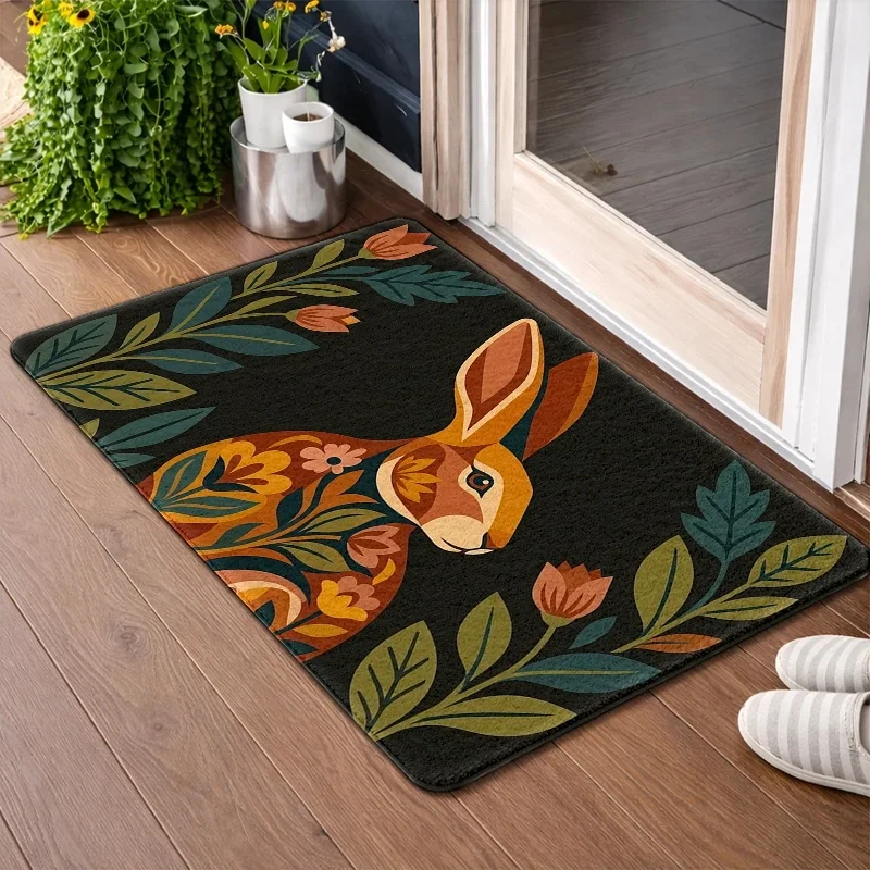 2D Flat Vintage Floral Rabbit Print Flannel Floor Mat, Water-Absorbent, Durable Foot Mat, Suitable for Front Door Entrance, Bedroom, And Home Decoration