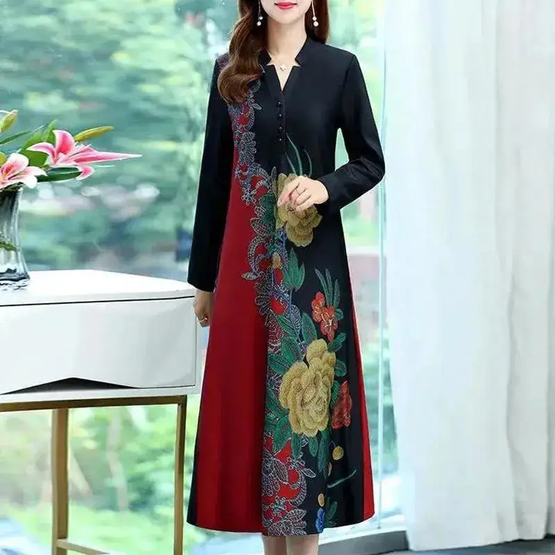 

Spring and Autumn Women's Splice V-Neck Button Long Sleeve Plus Size Slim Printing Floral Fashion Elegant Formal Longuette
