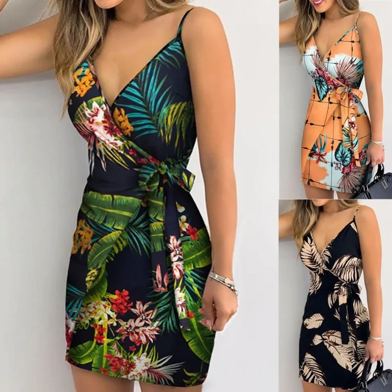 2024 Explosive Models Sexy Ladies Slim Halter Short Skirt Mini Dress Fashion Creative Women V-neck Printed Beach Dress Female