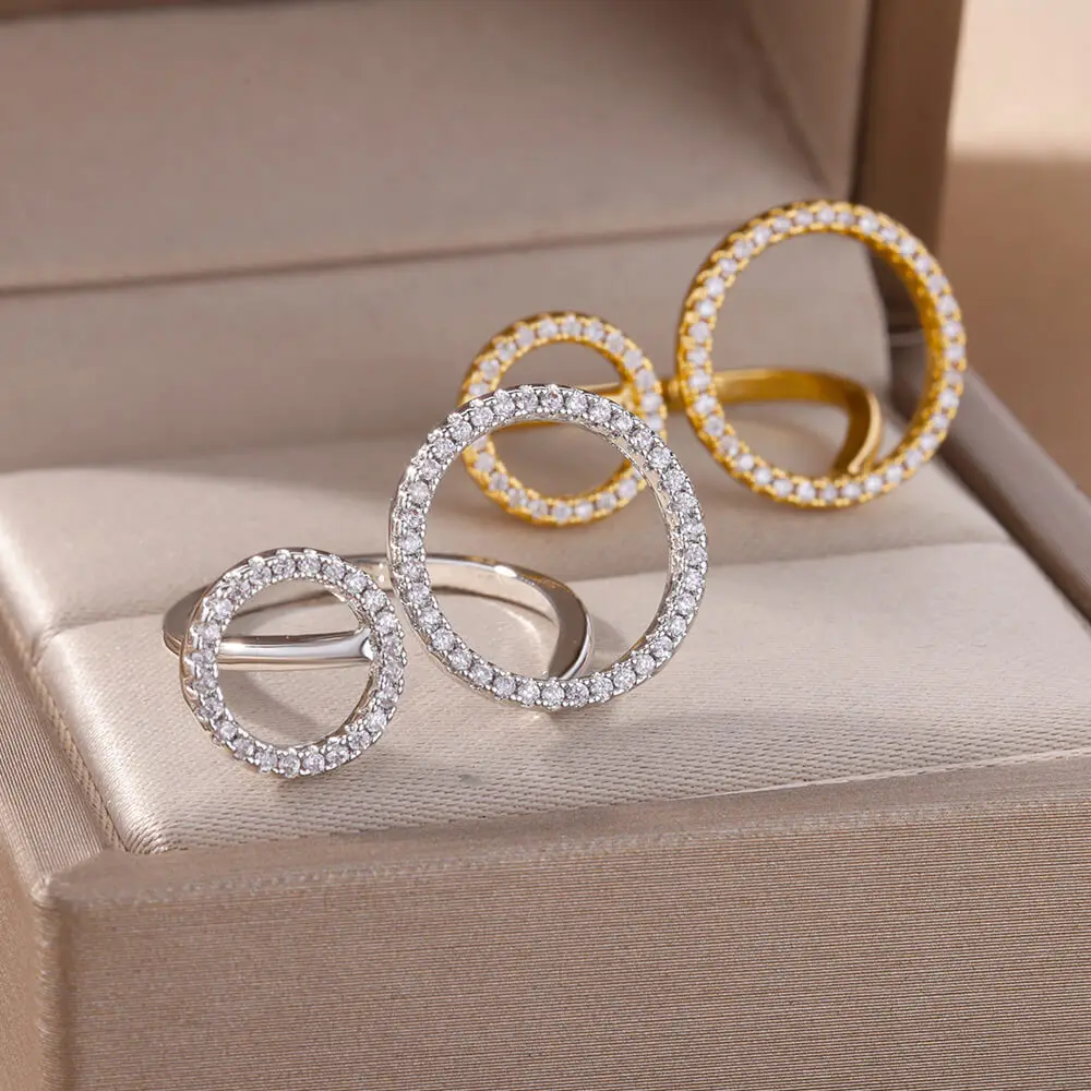 Zircon Double Circle Rings For Women Stainless Steel Adjustable Geometric Circle Ring Wedding Party Aesthetic Jewerly Gift femme