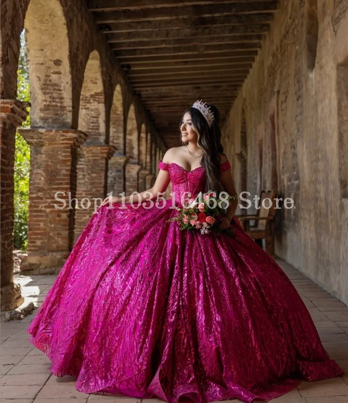 Scintillante principessa abiti Quinceanera 2024 prugna una spalla dolce treno pizzo Applique paillettes messico abiye