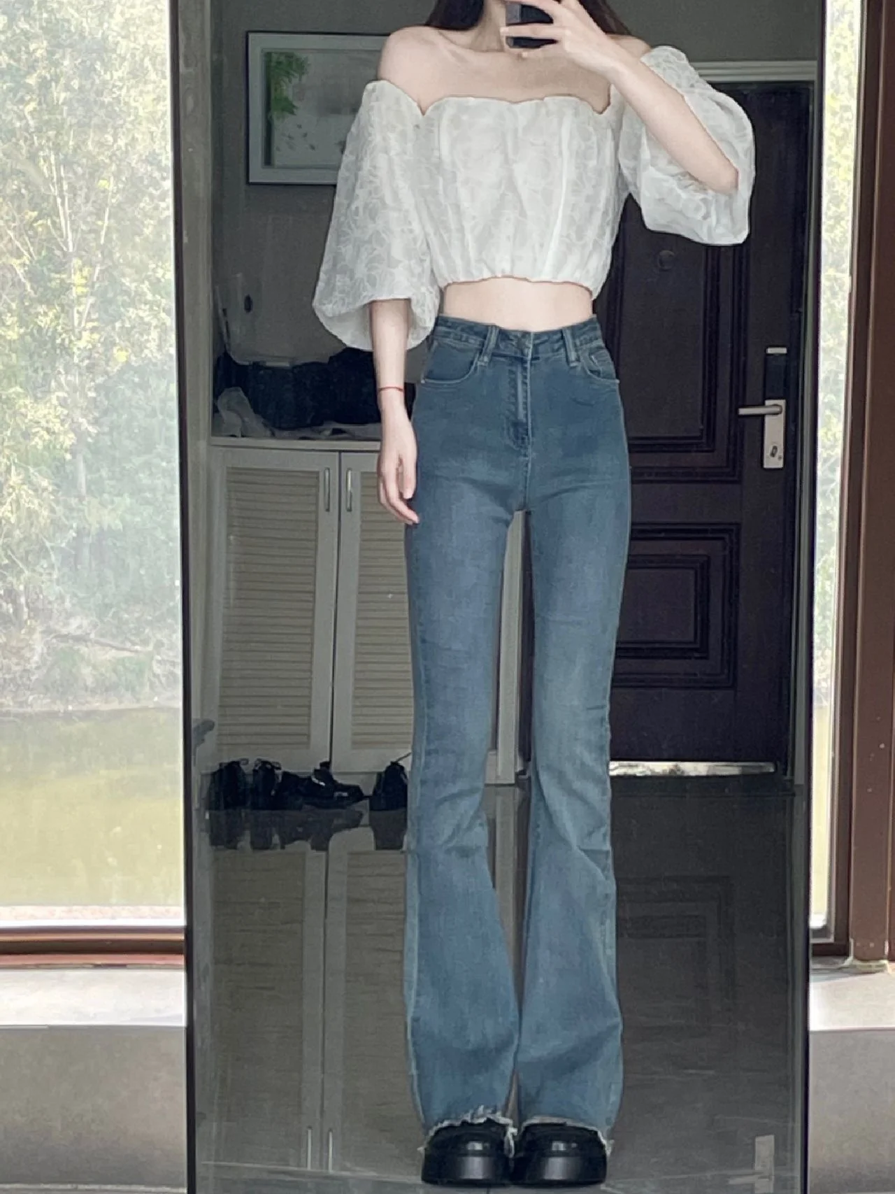 High Waist Bell Bot Jeans Women's Stretchy Frayed  Slimming Denim Pants Autumn New Sle plus Size Trendy