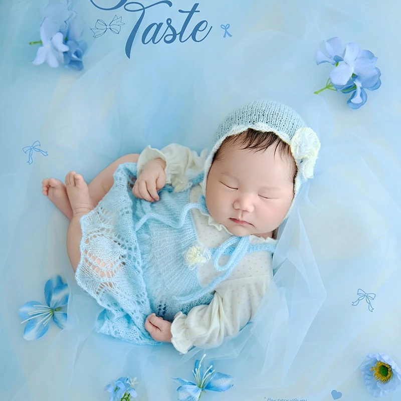 Baby Photography Props for Newborn Photoshoot Baby Girls Blue Style Set Knitted Outfit Dress Hat with Florals for Studio Photo