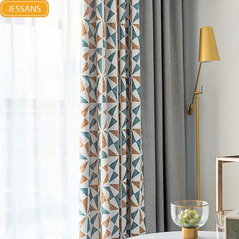 

Customized Grey Rhombic Jacquard Splicing Cotton Linen Thickened Curtains for Living Room Bedroom French Window Balcony Finished