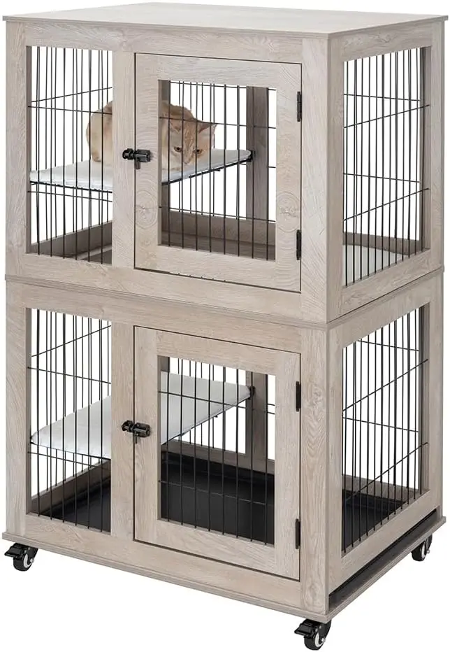 2-Tier Cat Cage, Indoor House with Removable Tray, Enclosures Indoor Kennel with Lockable Casters, 3 Platforms