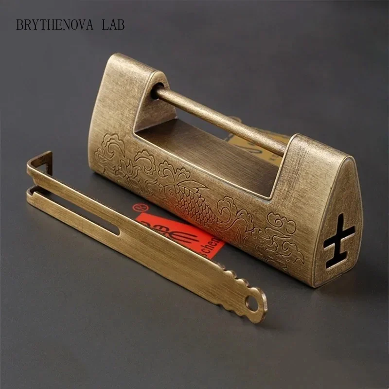 Antique Brass Horizontal Opening Padlock Chinese Style All Copper Ancient Lock Horizontal Bolt Lock Wooden Box Door