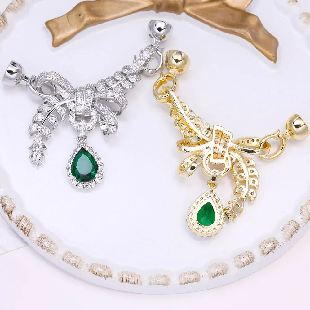 1 Piece Gold-plated Copper Emerald Wheat Ear Bow Pearl Clasp Removable Sweater Chain Pendant Clasp DIY Necklace Clasp Accessory