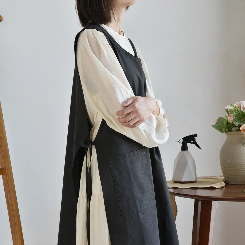 

Кухонный фартук для готовки и уборки, водонепроницаемый, льняной, в скандинавском, корейском и японском стиле, с круглым вырезом, защитная одежда