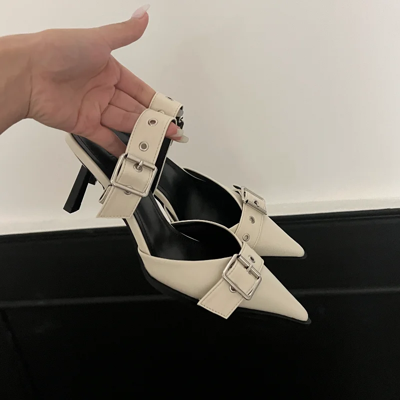 Punk Goth Metal Buckle High Heels Women\'s Sandals Summer 2024 Pointed Toe Silver Party Shoes Fashion Womens Pumps Shoes