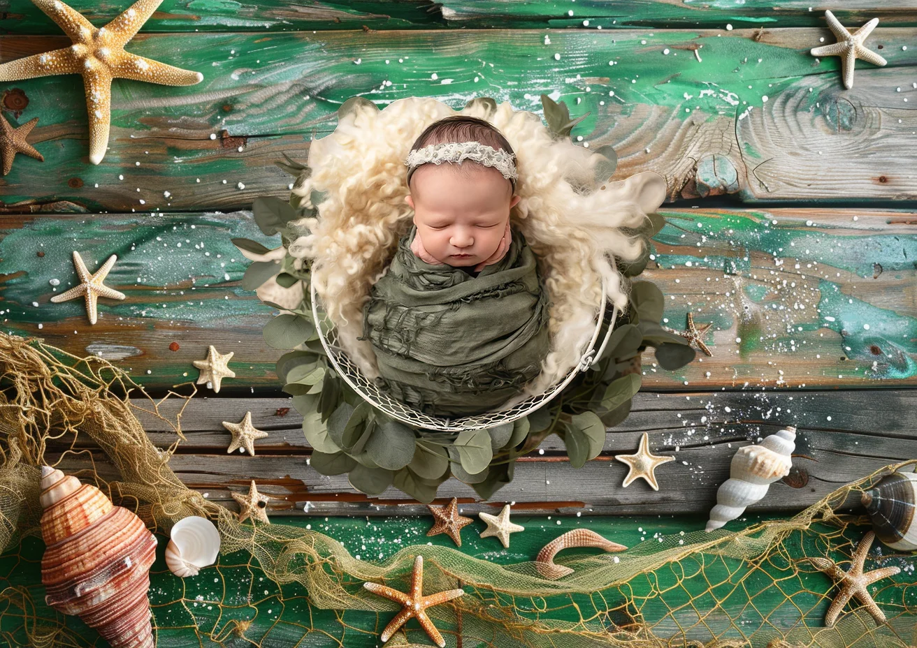 Fondo de fotografía de concha de estrella de mar, suelo de madera, playa de verano, recién nacido, Baby Shower, cumpleaños de 1 año, estudio de retrato