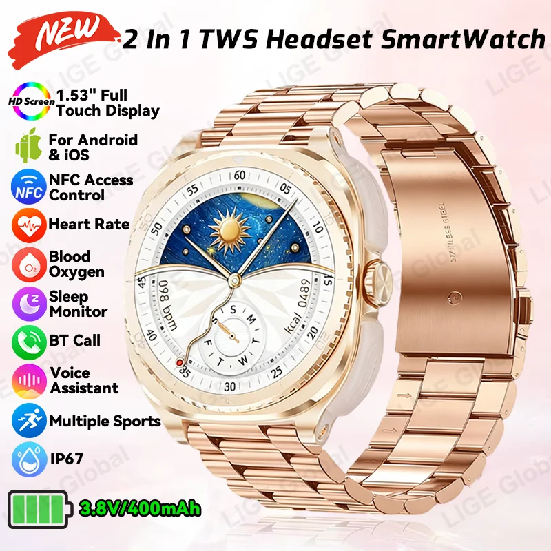 

LIGE Women 2 In 1 Smart Watch Man With Earbuds NFC Smartwatch TWS Bluetooth Earphone Heart Rate Blood Oxygen Call Sports Watch