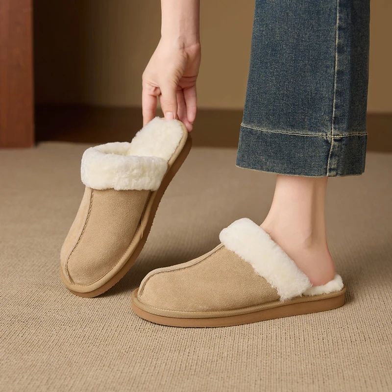 NEW Winter Women Slippers Cow Suede Leather Shoes Women Cover Toe Slingback Shoes Round Toe Slippers Warm Wool Modern Slippers